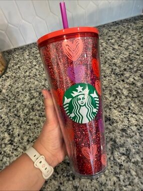 Starbucks Red Glitter Heart Tumbler with Purple Straw and Pink Accents